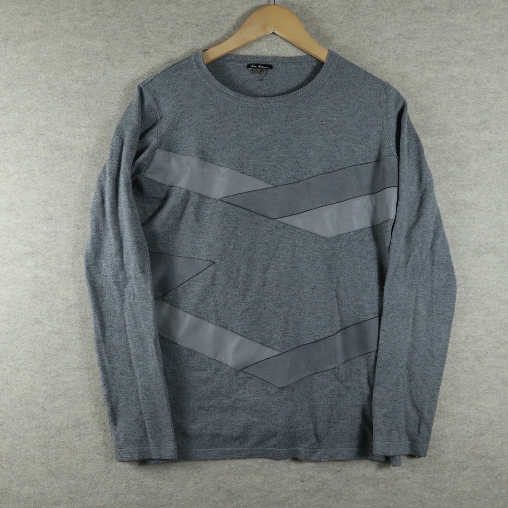 Vila‎ Milano Sweater Large Grey Geometric Faux Leather Patchwork WOOL Knit Top